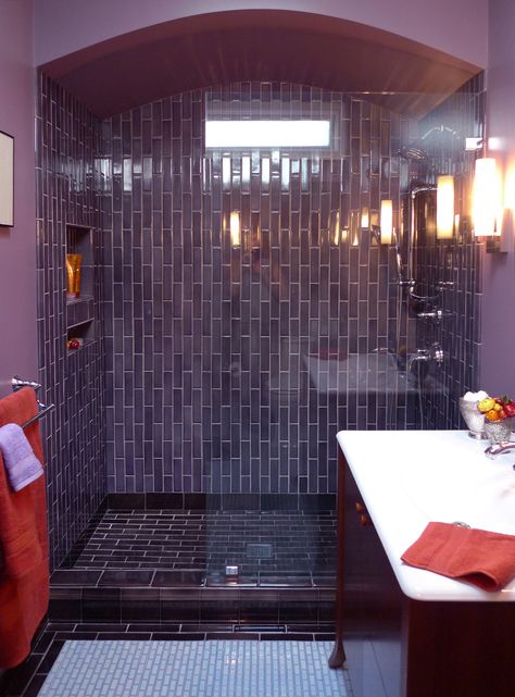 Bathroom Glamour - Transitional - Bathroom - San Francisco - by Kathleen Monroe Design | Houzz Purple Tile Shower, Purple Shower Tile, Deep Purple Bathroom, Purple Tile Bathroom, Purple Bathroom Tile, Dark Purple Bathroom, Bathroom Purple, Second Bathroom, Purple Bathroom