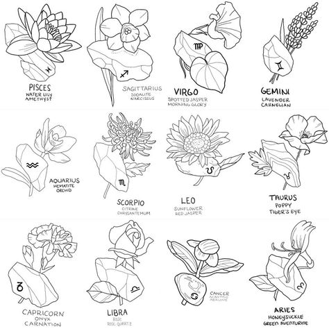 Each sign has its zodiac stone and zodiac flower. | Tattoo Ideas and Inspiration Zodiac Flower Tattoo, Lunar Flowers, Virgo Tattoo Designs, Mum Tattoo, Stone Tattoo, Flower Tattoo Ideas, Virgo Tattoo, Zodiac Candles, Zodiac Sign Tattoos