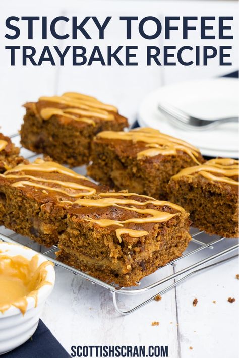 Toffee Cake Recipe, Sticky Toffee Cake, Traybake Cake, Toffee Cake, Date Pudding, Warm Desserts, Tray Bake Recipes, Tray Bake, Scottish Recipes