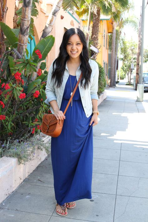 Blue Maxi Dress + Denim Jacket +flat sandals+cognac/ brown crossbody-bag+earrings+gold long earrings. Summer Casual Outfit 2018 Maxi Dress With Denim Jacket, Blue Maxi Dress Outfit, Casual Maxi Dress Outfit, Dress With Denim Jacket, Maxi Dress With Jacket, Maxi Dress Outfit Summer, Blue Dress Outfits, Navy Blue Maxi Dress, Denim Jacket Outfit