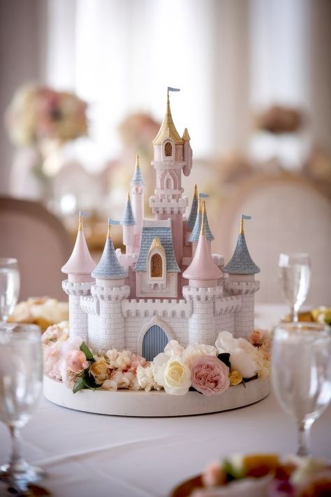 A detailed cake resembling a fairytale castle sits at the center of a table, surrounded by pink and white flowers. This enchanting baby shower centerpiece idea features pastel towers with golden accents, evoking a whimsical and elegant theme. Once Upon A Time Baby Shower Theme Girl, Sleeping Beauty Baby Shower Theme, Fairytale Baby Shower Ideas, Fairytale Baby Shower Theme, Whimsical Baby Shower Ideas, Princess Baby Shower Theme, Princess Baby Shower Ideas, Finding Dory Baby, Baby Shower Centerpiece Ideas