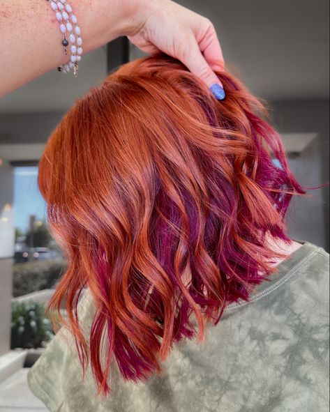 Purple And Coral Hair, Autumn Copper Hair Color, Copper Magenta Hair, Copper Hair With Fashion Colors, Ginger Hair With Fun Colors, Edgy Ginger Hair, Color Blocking Red Hair, Fall Pink Hair Color, Fall Colorful Hair