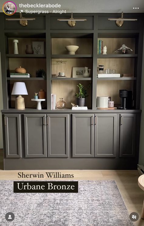 Dark Gray Built Ins, Charcoal Gray Built Ins, Sw Dark Blue Paint Colors, Urban Bronze Built Ins, Moody Grey Paint Colors, Home Library Paint Colors, Paint Built In Bookcase, Built In Paint Colors, Dark Built Ins Living Room