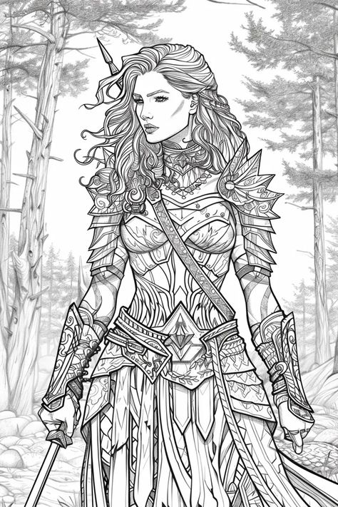 The image is of a woman standing in a forest. She is wearing armor and has a sword in her hand. She has long hair and a determined expression on her face. The forest is dark and mysterious, and the trees are tall and imposing. The woman is alone, and she seems to be on a quest. She is brave and strong, and she is not afraid to face the dangers that lie ahead. Female Warrior Drawing Sketch, Warrior Woman Drawing, Dnd Sketch, Coloring Sketches, Determined Expression, Steampunk Coloring, Mysterious Forest, Armor Drawing, Warrior Drawing