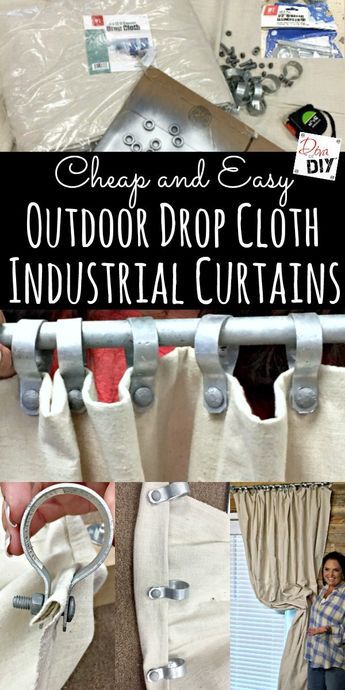 Dropcloth Curtains Diy Outdoor Spaces, Hanging Drop Cloth Curtains, Paint Cloth Curtains, Bohemian Curtain Ideas, Garage Window Coverings Ideas, Garage Curtains, Diy Curtain Rings, Cabin Patio, Diy Patio Ideas