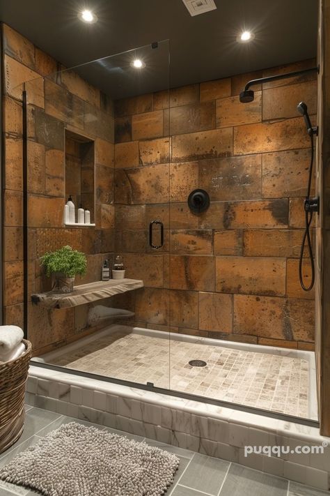 Shower Styles Walk In, Cabin Shower Ideas, Rustic Walk In Shower Ideas, Rustic Shower Ideas, Rustic Bathroom Shower, Doorless Shower, Master Bath Shower, Rustic Shower, Cabin Bathrooms