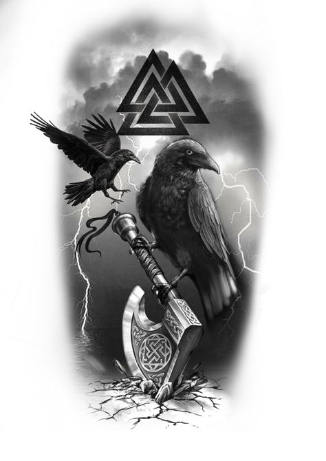 Odin With Ravens Tattoo, Men’s Viking Tattoos, Raven Tattoo Ideas For Men, Viking Raven Tattoo Ideas, Norse Raven Tattoo, Odins Ravens Tattoo, Odin Tattoo Design, Viking Raven Tattoo, Odin Raven Tattoo