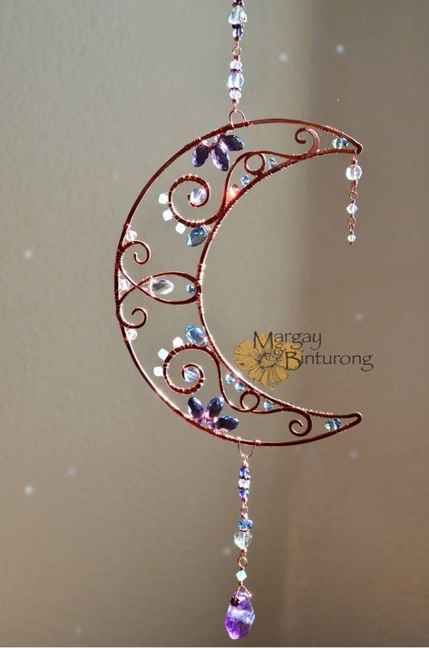 Crescent Moon Suncatcher witchy wire art Swarovski Crystal | Etsy Gemstone Suncatcher, Copper Wire Art, Diy Suncatchers, Diy Ombre, Diy Wind Chimes, Bijoux Fil Aluminium, Lunar Phase, Crystal Suncatchers, Wire Crafts