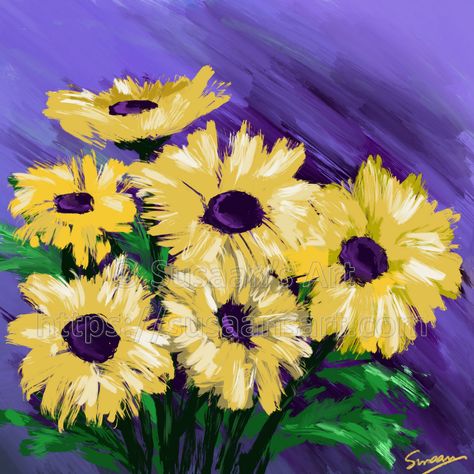 Split Complementary Color Scheme, Yellow Flowers Painting, Flowers In Vase Painting, Small Purple Flowers, Small Yellow Flowers, Unique Canvas Art, Purple Painting, Rooster Painting, Random Aesthetics