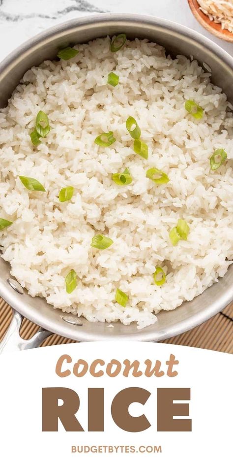 This savory coconut rice features fragrant jasmine rice, rich coconut milk, and savory garlic for a simple yet delicious side dish. BudgetBytes.com Easy Coconut Rice, Coconut Basmati Rice, Basmati Rice Recipes, Baked Teriyaki Chicken, Coconut Rice Recipe, Chicken Bowl Recipe, Plain Rice, Main Dish Casseroles, Meatless Main Dishes