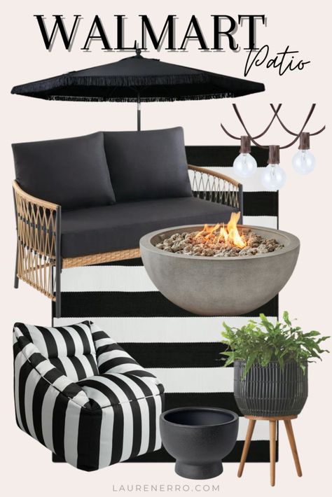 7 Backyard Patio Decorating Ideas On A Budget - Lauren Erro Patio Furniture Ideas Diy, Outdoor Front Patio Ideas, Outdoor Patio On A Budget, Outdoor Patio Ideas On A Budget Decor, Black White Patio Ideas, Narrow Deck Furniture Layout, Patio Setup Ideas, Black And White Patio Decorating Ideas, Uncovered Patio Ideas