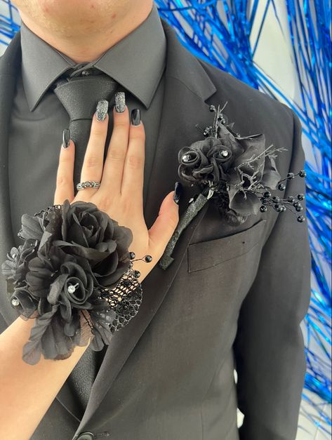 All Black Corsage, Black Roses Corsage, Corsage For A Black Dress, Corsage Prom Black, Corsages For Black Dress, Prom Flowers For Black Dress, Corsage With Black Dress, Black Boutonniere, Black Prom Flowers