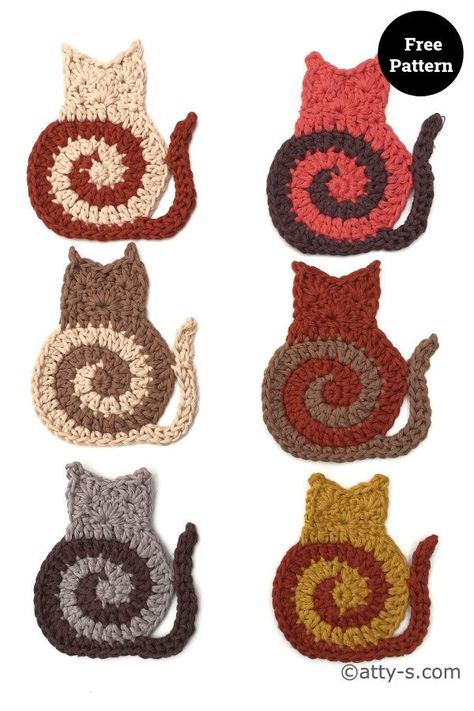 Swirly Cat Free Crochet Pattern Crochet Cat Motif Pattern Free, Cat Coaster Crochet, Coaster Crochet Patterns, Cat Free Crochet Pattern, Kat Haken, Coaster Crochet, Crochet Coasters Free Pattern, Cat Motif, Cat Coasters