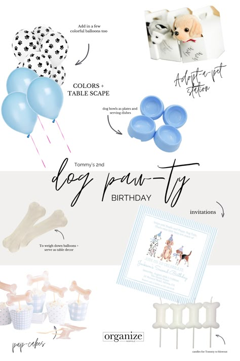 Puppy 2nd Birthday Party Boy, Dog Pawty Cute Ideas, Pawty Dog Party, Puppy Pawty Birthday, Puppy Birthday Party Theme, Dog Bday, Puppy Party Theme, Puppy Pawty, Birthday Organizer