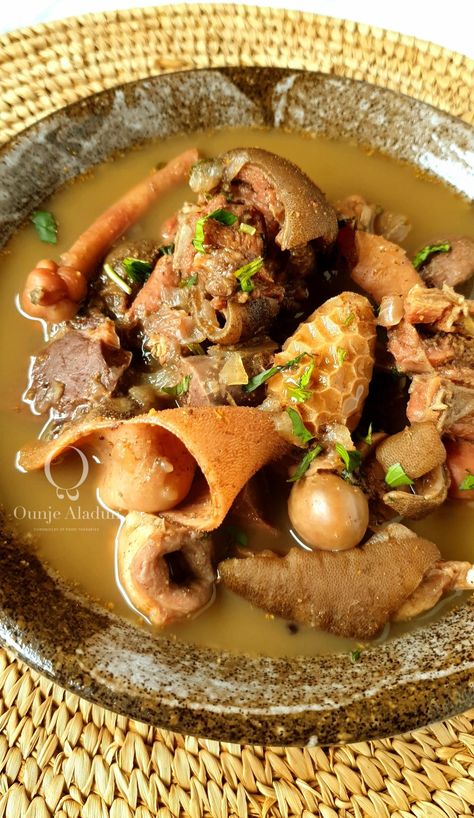 Goat meat pepper soup is on the elite spectrum of pepper soup. To make goat meat pepper soup with a robust flavour use more than just the meats, cook it with offals too. Goat Pepper Soup, Igbo Food, Africa Dishes, Goat Meat Pepper Soup, African Pepper Soup, Goat Soup, African Bites, Nigerian Soups, African Soup