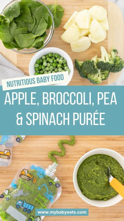 This yummy Apple, Broccoli, Pea and Spinach Baby Food Puree is a simple homemade puree to make, and packed full of nutrition. It's a great combination baby food for introducing baby to green vegetables like broccoli and spinach. Try this yummy baby puree recipe! Pea Puree Baby Food, Spinach Puree Recipes, Green Bean Puree Baby Foods, Kale Baby Food Recipes, Veggie Purees For Baby, Spinach Puree Baby Food, Broccoli Puree Baby, Spinach For Babies, Spinach Recipes For Baby