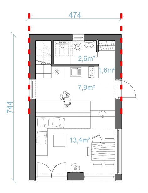 Small Cottage Layout Floor Plans, Shotgun House Interior, Mini House Plans, Small Apartment Plans, Square House Plans, Backyard Guest Houses, Tiny House Towns, Mini Apartments, Small Floor Plans