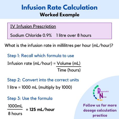 Do you know this super easy way to calculate infusion rates for medications? Follow this simple step by step method to calculate intravenous (IV) infusion rates. This formula is so easy to use! Share this with a friend who needs help with dosage calculations and working out infusion rates Follow us for more great pharmacology tips and dosage calculation examples . . . . . . . . . . #studentnurses #futurenurses #nursingresources #nurseintraining #nurseinprogress #nursetobe #adultnursing ... Infusion Nurse, Nursing Math, Veterinary Nursing, Iv Solutions, Dosage Calculations, Nurse Study, Nursing 101, Med Vet, Nursing School Essential