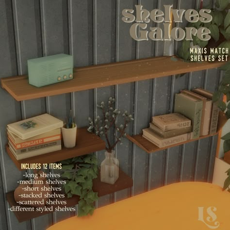 𓍊𓋼𓍊 Shelves Galore || maxis mix shelf set | Patreon Mod Wall, Maxis Match Cc, Sims 4 Clutter, Sims Games, Sims 4 Mm, Sims Four, Sims 4 Cc Packs, Sims 4 Cc Furniture, Long Shelf