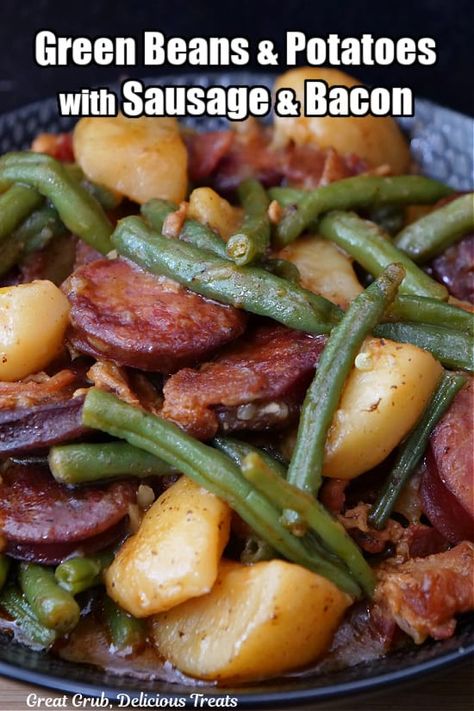 Green Beans and Potatoes with Sausage and Bacon is an easy side dish recipe made with Kielbasa Sausage and crispy Bacon, zesty seasonings, butter and onions, tender Potatoes and freshly cooked Green Beans. Green Beans Potatoes And Sausage, Potatoes Kielbasa, Sausage Potatoes Green Beans, Sausage And Green Beans, Potatoes And Sausage, Green Beans Potatoes, Sausage And Bacon, Kielbasa And Potatoes, Beans Potatoes