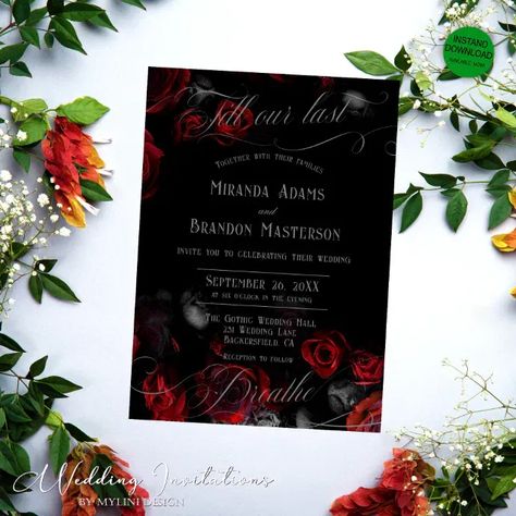 Effortlessly Elegant and Bold Floral Gothic Wedding Invitations. Set the stage for your enchanting Gothic wedding with these captivating Custom Elegant Floral Black and Red Gothic Wedding Invitations. Expertly designed with intricate details and luxe finishes, they are sure to leave a lasting impression on your guests. Personalize your invitations now and let them speak your unique love story. Buy now! Black And Gold Calligraphy, Red Gothic Wedding, Black And Red Wedding, Red Floral Wedding, Spooky Wedding, Gothic Wedding Invitations, Red Wedding Invitations, Red Gothic, Goth Wedding