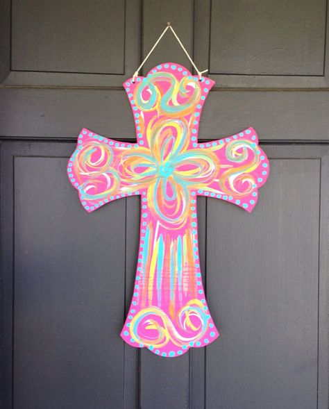 Cross door hanger or wall decor wood hand painted by lilGApeach, $35.00 Door Hangers Painted, Cross Door Hangers, Burlap Door Hangers, Wall Decor Wood, Wooden Crosses, Cross Crafts, Cross Art, Wood Door Hangers, Diy Cross