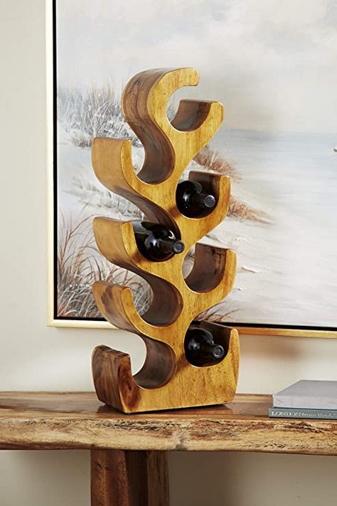 Deco 79 Teak Wood Tree Shape 8 Bottle Wine Rack, 11" x 7" x 28", Brown