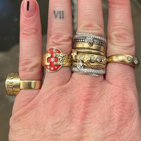 Mix Metals Rings, Ring Stacks Mixed Metal, Stacked Rings Gold, Mixed Metals Ring Stack, Silver And Gold Ring Stack, Ring Stack Aesthetic, Mixed Metals Rings, Mixed Metal Ring Stack, Ring Combos