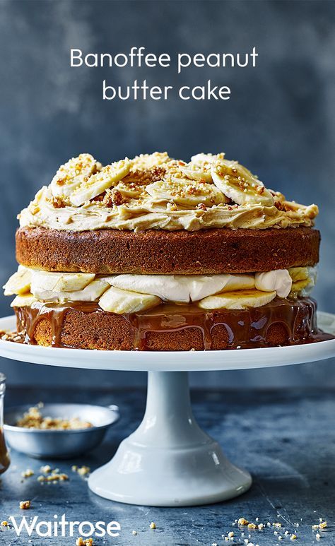 Banoffee Cake, Easy Bakes, Cake Recipes Uk, Waitrose Food, British Desserts, Toffee Sauce, Butter Cake Recipe, Peanut Butter Cake, Butter Cake