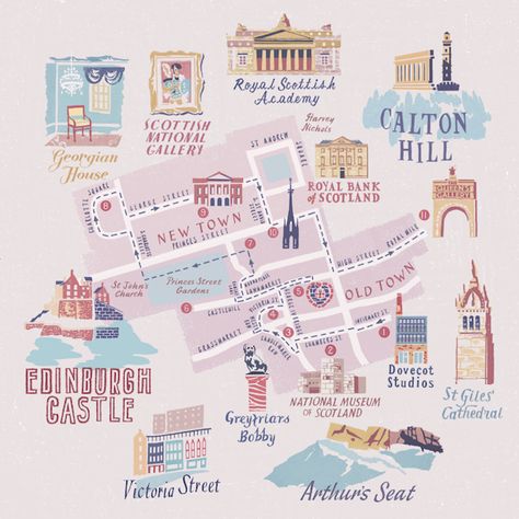 Edinburgh Map Illustration, Map Of Edinburgh, Edinburgh Illustration, Edinburgh Map, Illustration Map, Spot Illustration, Selvedge Magazine, Illustrated Maps, Travel Infographic