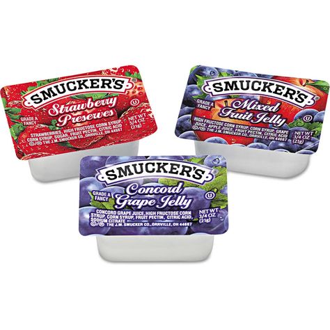 Food, Snacks, Beverages & Vending Machines | Food, Condiments & Sauces | Smucker's® Jam Assortment, Single Serving Packs, 0.5 oz., 200/Carton | B920686 - GlobalIndustrial.com Smuckers Jam, Concord Grape Jelly, Condiment Dispenser, Food Type, Grape Jam, Jelly Cups, Peanut Butter Sandwich, Grape Jelly, Fruit Jelly