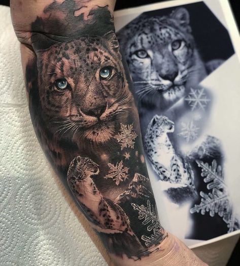 Snow Lepord Tattoo, Snow Leopard Tattoo Design, Snow Leopard Tattoo, Leopard Tattoo, Tattoos 2024, Tattoo 2024, Leopard Tattoos, Tiger Tattoo Design, Arm Tattoos