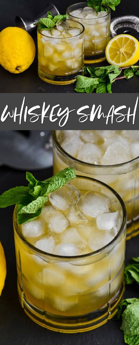 A Whiskey Smash is a classic and easy cocktail that you will fall in love with. Combining the flavors of lemon, mint, and whiskey, this refreshing cocktail is going to become your new favorite. Healthy Whiskey Cocktails, Whiskey Tea Cocktail, Whiskey Smash Recipe, Simple Whiskey Cocktails, Whiskey Smash Cocktail, Lemon Whiskey Cocktail, Bourbon Smash Cocktail Recipes, Whiskey Mint Cocktail, Scotch Whiskey Cocktails