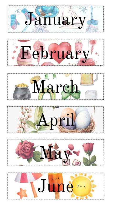 **Instant Digital Download** - NO item will be physically shipped. Cute and playful watercolor Months of the Year cards for homeschool and classroom! Each month has a different watercolor theme, mostly using watercolor elements. Each month corresponds to what is typically celebrated and experienced during that month. Size: Standard pocket chart size 3x11in. Format is PDF Printable on 8x11in paper. Print out on cardstock for a sturdier look and feel. Cut along dotted lines for the perfect shape. August Clipart Month Of, Monthly Themes For School, Months Of The Year Chart Ideas, Months Of The Year Printables Free, Printable Months Of The Year, Month Themes, Months Printable, Pocket Chart Calendar, Baby Highland Cow