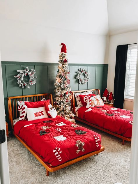 "Revamped this room, and it's a hit! Check out the viral mini tour on Instagram & TikTok. From the chaos of the boys’ Spooky Room to the stylish 'Grand Prix' accent wall by Sherwin Williams, it's been a journey. The decor is a mix of old and new, with Santa sheets lasting 5 Christmases! Linked everything below, including pillows from past seasons and stores like HomeGoods. Dive into the cozy vibes! #RoomTransformation #HomeDecor #CozyLiving" Spooky Room, Christmas Kids Room, Book Christmas Gift, Holiday Bedroom, Christmas Tree Light, Christmas Trees For Kids, Under The Christmas Tree, Holiday Room, Tree Light