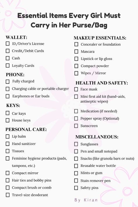 Must Have Assesories, What To Pack In My Purse, Essentials For Backpack, Carry One Bag Essentials, Women Purse Essentials, What Is In My Handbag, What To Pack In A Purse, That Girl Essentials List, Cool Girl Bag Essentials