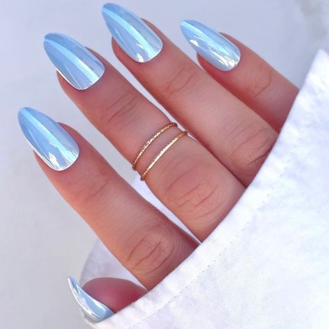 ღ .* Light Teal Chrome Nails, Matalic Nails Acrylic Blue, Summer Nails Crome, Trendy Summer Nails Blue, Blueberry Milk Nails Chrome, Baby Blue Nails With Chrome, Pink And Blue Chrome Nails, Blue Crome Nails Almond, Baby Blue Crome Nails