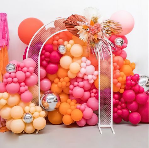 Pink Orange Balloons, Orange Balloon Arch, Party Moodboard, Bridal Balloons, Pink And Gold Decorations, Balloon Surprise, Hot Pink And Gold, 16th Birthday Decorations, 1st Birthday Girl Decorations