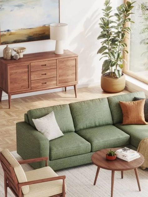 Top 10 American-Made Furniture Companies Green Sofa Living, Green Couch Living Room, Green Sofa Living Room, Green Couch, Deco Studio, Green Sofa, Ideas Living Room, Home Decor Living Room, Living Room Green