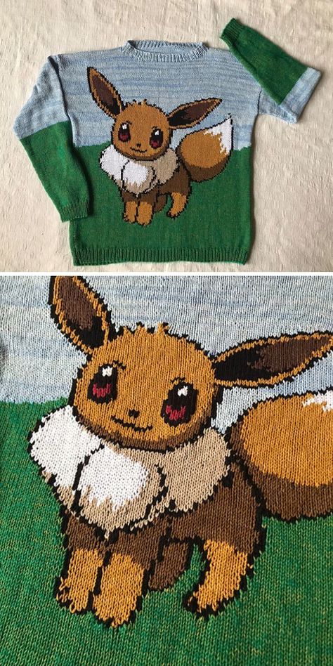 Do your kids love Pokemon cartoons? Knit an Eevee Pokemon sweater for them! It will be a fun project because of the many color changes and details, but the result is worth it, and the knitting pattern is free. Enjoy! #freeknittingpattern #knittedsweater #knittedbabysweater #babysweater #pokemonsweater #pokemon #eeveepokemon Pokemon Baby Clothes, Pokemon Sweater, Knit Patterns Free, Sweater Free Knitting Pattern, Love Pokemon, Kids Sweater Pattern, Crochet Pokemon, Pokemon Pattern, Knitting Patterns Free Blanket