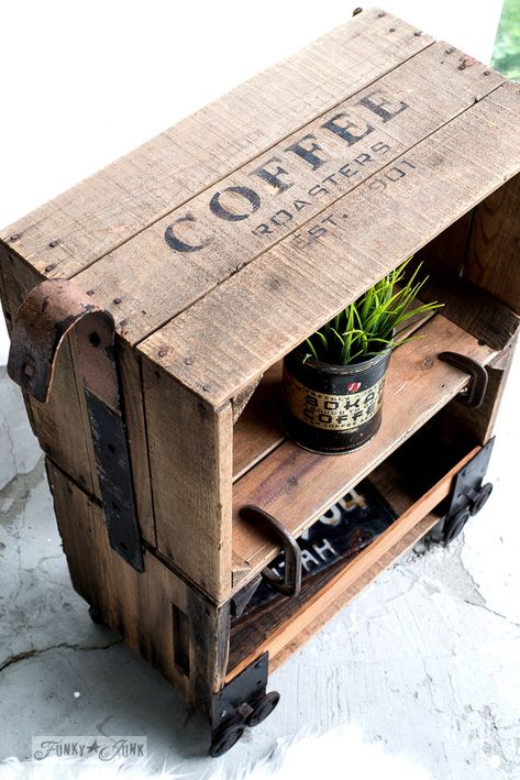 Industrial coffee themed crate cart made with Funky Junk's Old Sign Stencils Industrial Diy Decoration, Industrial Furniture Table, Industrial Diy Decoration Ideas, Cafe Industrial, Crate Side Table, Industrial Cart, Industrial Diy, Industrial Home Design, Rustic Home Interiors