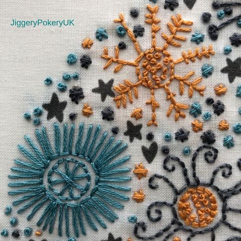 Here's a close up of my favourite Christmas #embroiderykit (also available as a pattern on printed fabric too). Who else is working on… Simple Christmas Embroidery, Snowflakes Embroidery, Handmade Christmas Presents, Christmas Hand Embroidery, Scandinavian Embroidery, Stars And Hearts, Christmas Colours, Stitches Embroidery, Christmas Embroidery Patterns