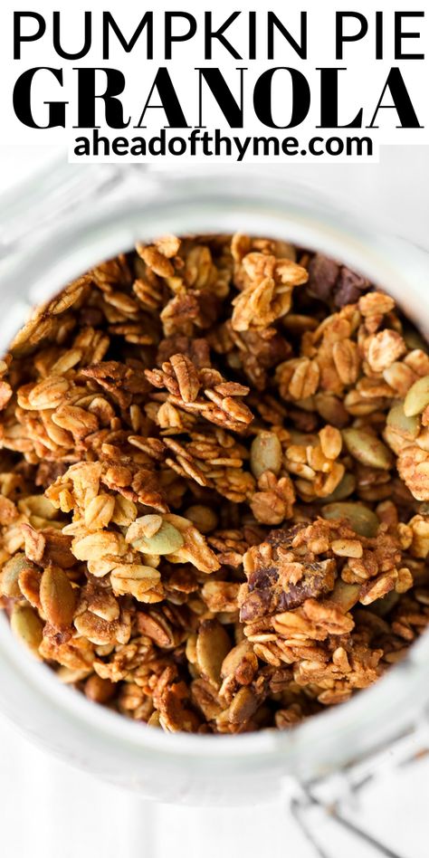 Quick and easy pumpkin pie granola packed with oats, pumpkin, pumpkin spice, and nuts, is vegan, gluten-free, and refined sugar-free. The best fall snack or breakfast. | aheadofthyme.com #granola #pumpkingranola #pumpkinpie #fallrecipes Made Good Granola, Fall Granola, Healthy Fall Granola Recipe, Gronala Recipes, Pumpkin Pie Granola, Gluten Free Pumpkin Granola, Orange Granola, Healthy Pumpkin Granola, Pumpkin Pie Snacking Granola