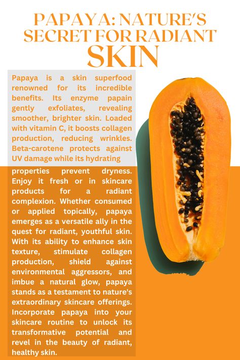 Explore the transformative power of papaya for your skin. From its gentle exfoliation with papain to its collagen-boosting vitamin C and UV-protecting beta-carotene, papaya offers a holistic approach to skincare. Whether savored fresh or applied topically, papaya promises a radiant complexion and youthful glow. Delve into papaya's skincare wonders and reveal the secret to vibrant, healthy skin. #PapayaSkincare #RadiantSkin #HealthyGlow #NaturalBeauty #SkincareSecrets Herb Facts, Papaya Health Benefits, Fruits Benefits, Papaya Benefits, Glowing Skin Secrets, Food For Glowing Skin, Skincare Remedies, Esthetician Marketing, Diy Skin Care Recipes