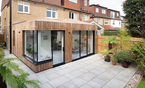 08_Timber-Cladding-London-Stone-Paving-Timber-Roof-Extension Timber Clad Flat Roof Extension, Small Flat Roof Extension, Timber Clad Extension Brick House, Timber Frame Extension, London Stone, Flat Roof Extension, Kitchen 2023, Stone Paving, Timber Roof