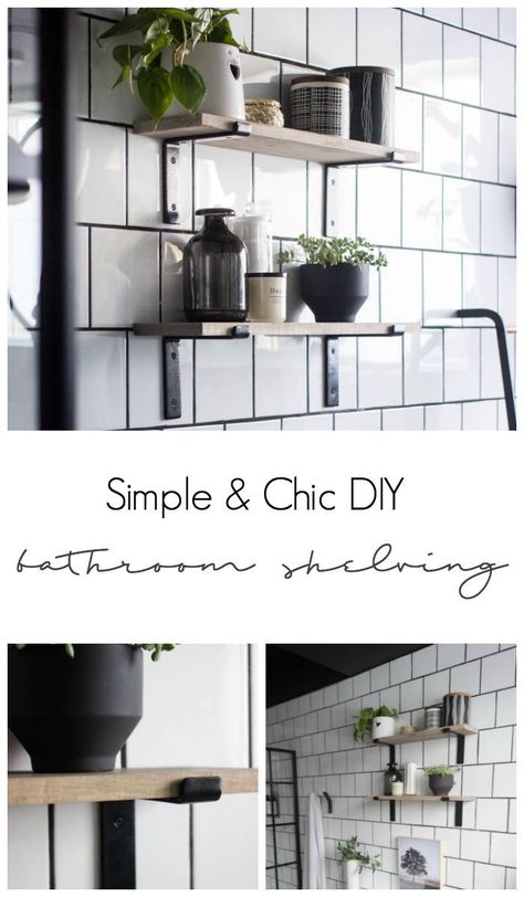 Love the look of this simple bathroom shelving! The open shelving is beautiful and so easy to build! Get tips and tricks for drilling into tile too! Love the modern bathroom design. #moderndesign #bathroom #DIY Scandinavian Shelves, Bathroom Shelving, Bathroom Diy, Diy Tile, Simple Bathroom, Chic Bedroom, Bathroom Colors, Bath Tub, Bathroom Shelves