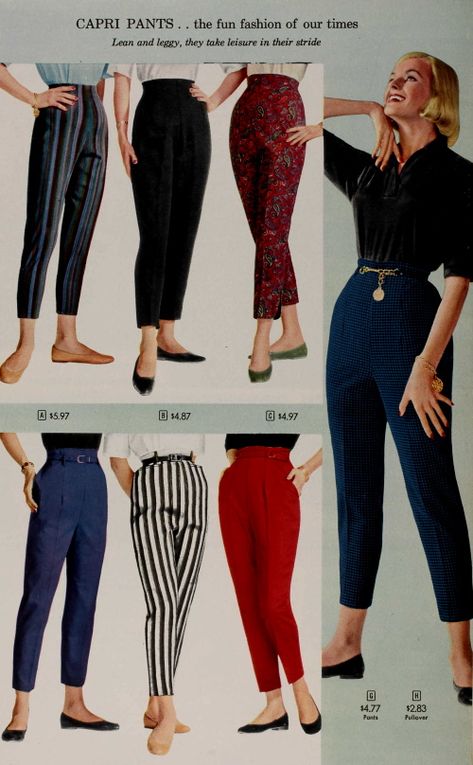 50s Pants Outfit For Women, 1950s Pants Outfits For Women, 50s Fashion Jeans, 1950s Fashion Pants For Women, 1950s High Waisted Pants, 50s Womens Pants, 50 Fashion Vintage 1950s, 60s Pants Women, 1960s Fashion Pants