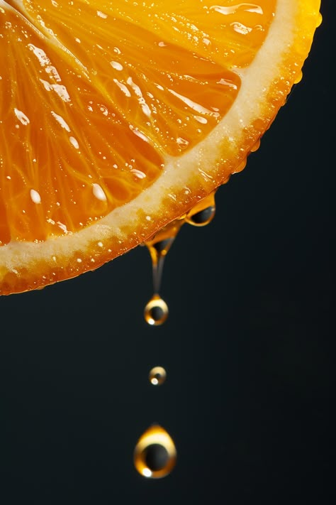 A macro close-up view of a cut orange with juice dripping mid-air, set against a black background. Close Up Food Photography, Orange Photography Aesthetic, Food Close Up, Fruit Close Up, Fruit Up Close, Fruit Texture Photography, Rotting Fruit Photography, Peeled Orange Photography, Orange Juice Photography