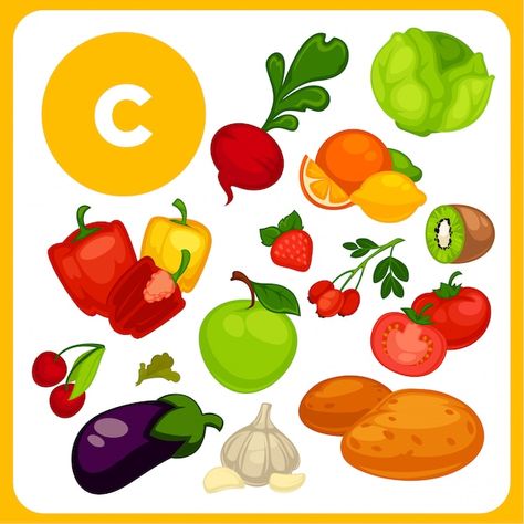 Cartoon food with vitamin e. | Premium Vector #Freepik #vector #vitamin-c #tomato #orange #strawberry Foods With Vitamin E, Five Food Groups, Vitamin C Foods, Vitamin A Foods, Food Cartoon, Vitamins For Kids, Alphabet Activities, Mandala Coloring Pages, Group Meals