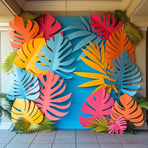 Tropical Luau Birthday Party, Tropical Festival, Summer Backdrop Diy, Luau Backdrop Ideas Diy, Hawaii Party Decorations Ideas, Summer Photo Backdrop, Tropical Decorations Party, Luau Vbs Decorations, Tropical Party Decorations Ideas